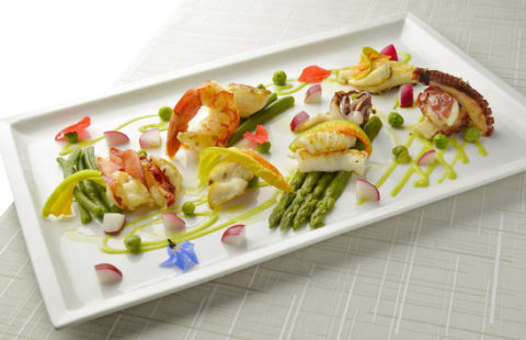 Braised Fish Dish Shrimp Lobster Scallop Squid Octopus Asparagus Braised Fish Dish Shrimp Lobster Scallop Squid Octopus Asparagus Pea Beans in square plate